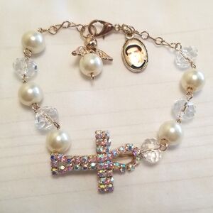 Gold Cross Rhinestone Angel Pearl Glass Bracelet
